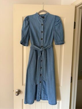 Who What Wear Light Blue Denim Midi Dress with Tie Waist